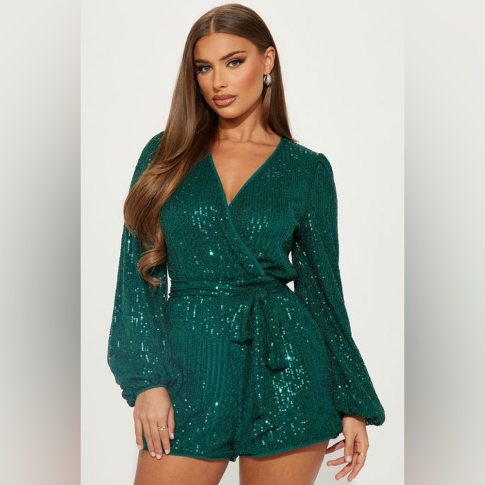 SHEIN Take Me Dancing Sequin Romper - Emerald L 8/10